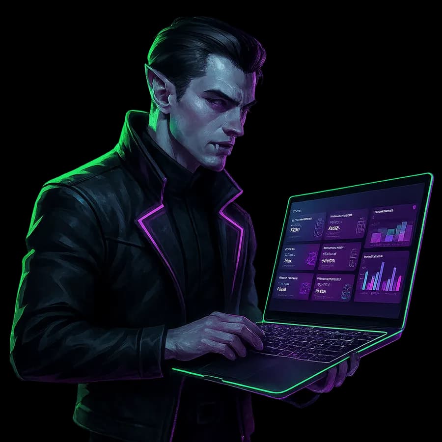 Vampiro de BANPIRIA trabajando en su laptop